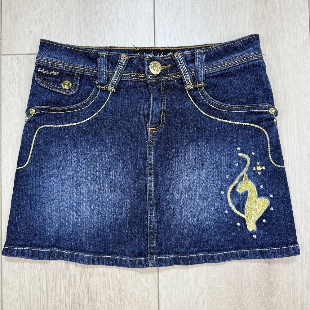 VINTAGE BABY PHAT SIZE 8 GIRLS EMBELLISHED DENIM MINI SKIRT Y2K GOLD CAT